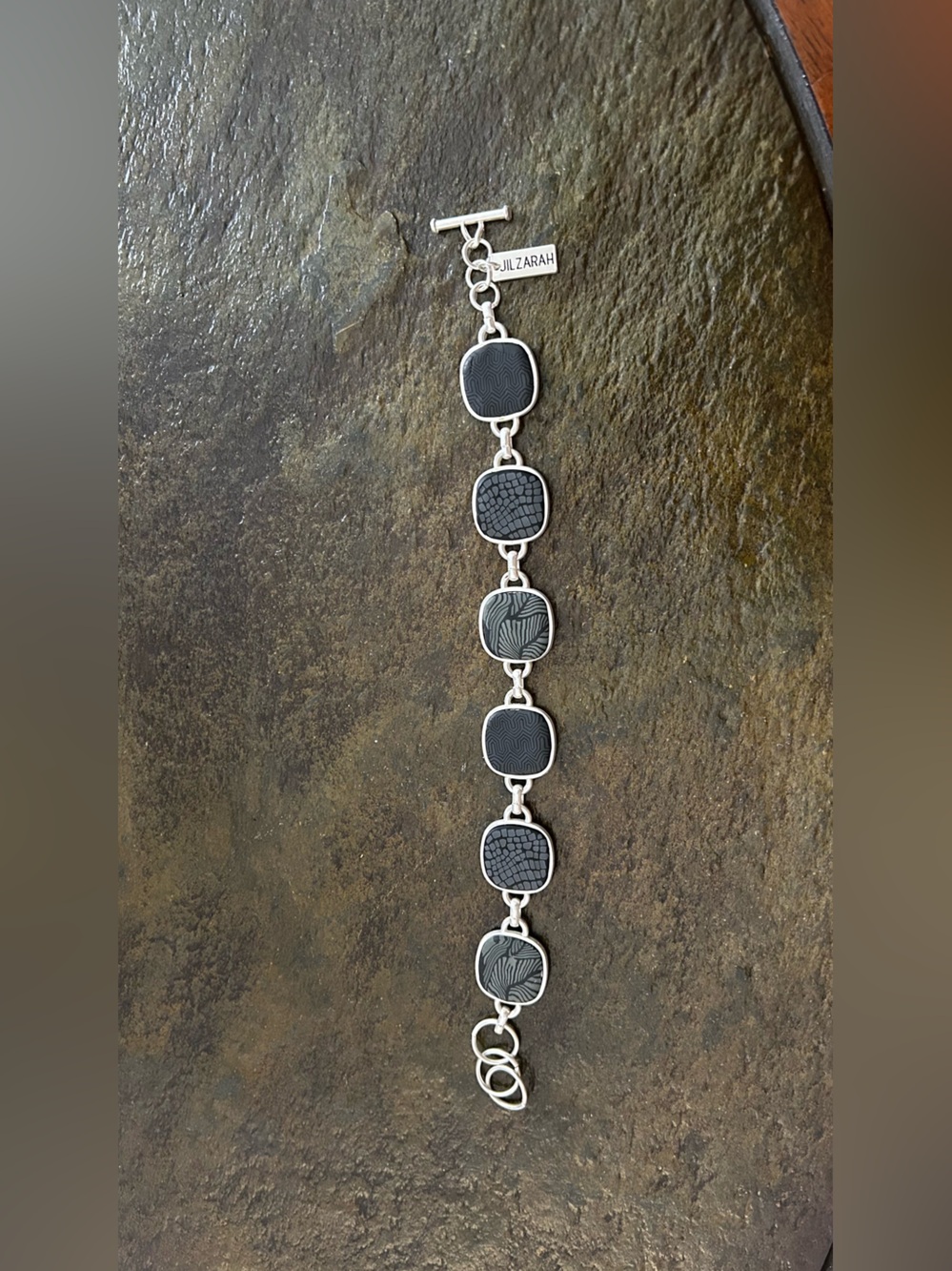 Silver-Tone Black Patterned Link Bracelet